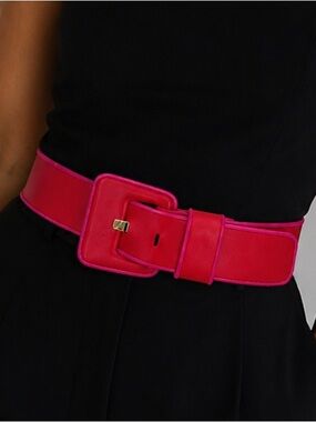Vintage Suzi Roher Red and Pink Leather Belt with Gold Buckle - Small/ Medium